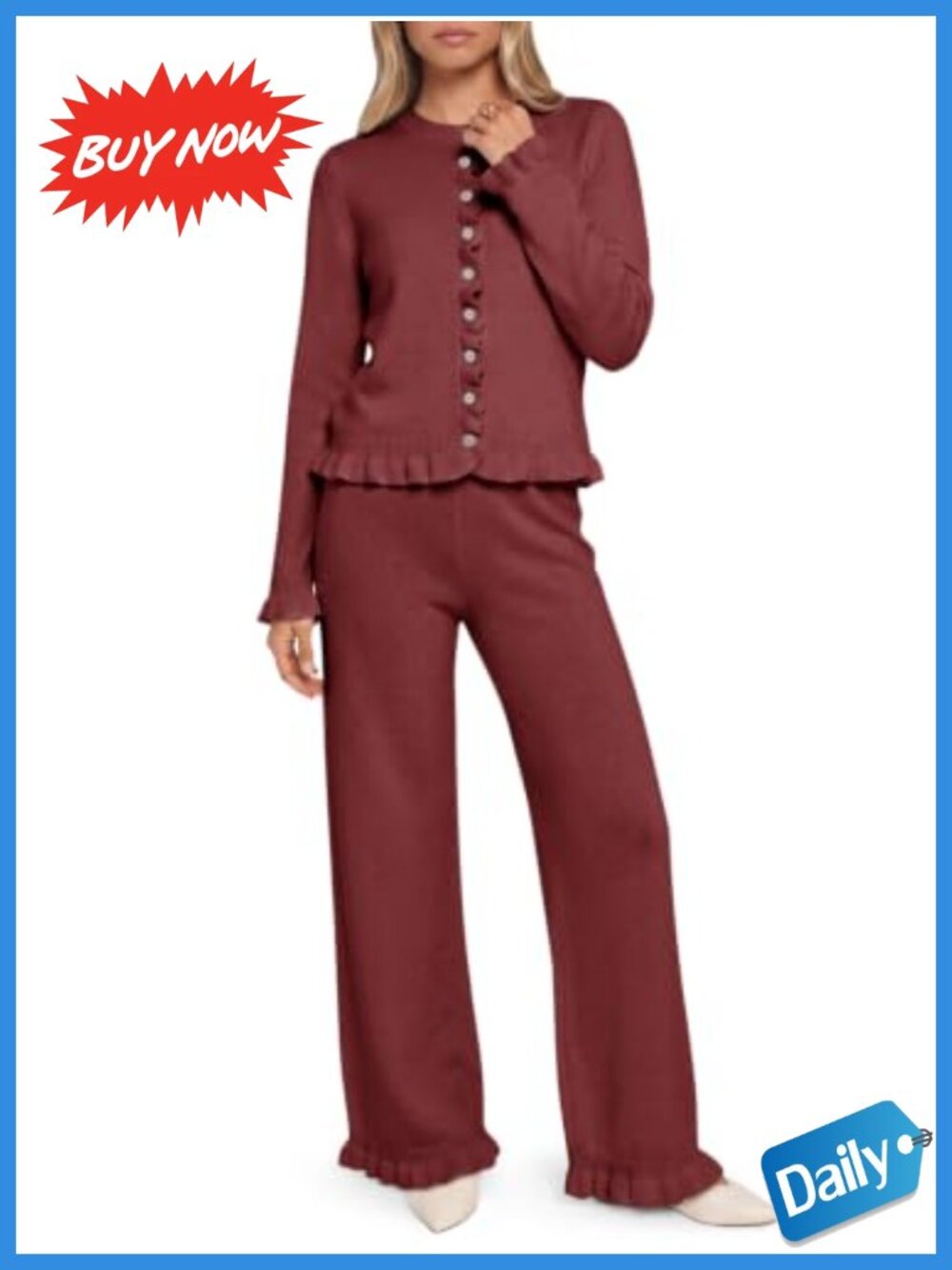 Women's Ruffle Button Knit Lounge Set Sweater Wide Leg Pants Outfit